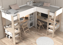 Cargar imagen en el visor de la galería, Coming SOON! Highsleeper ALEXANDRA en L 90x200cms. 2 camas + 2 escritorios