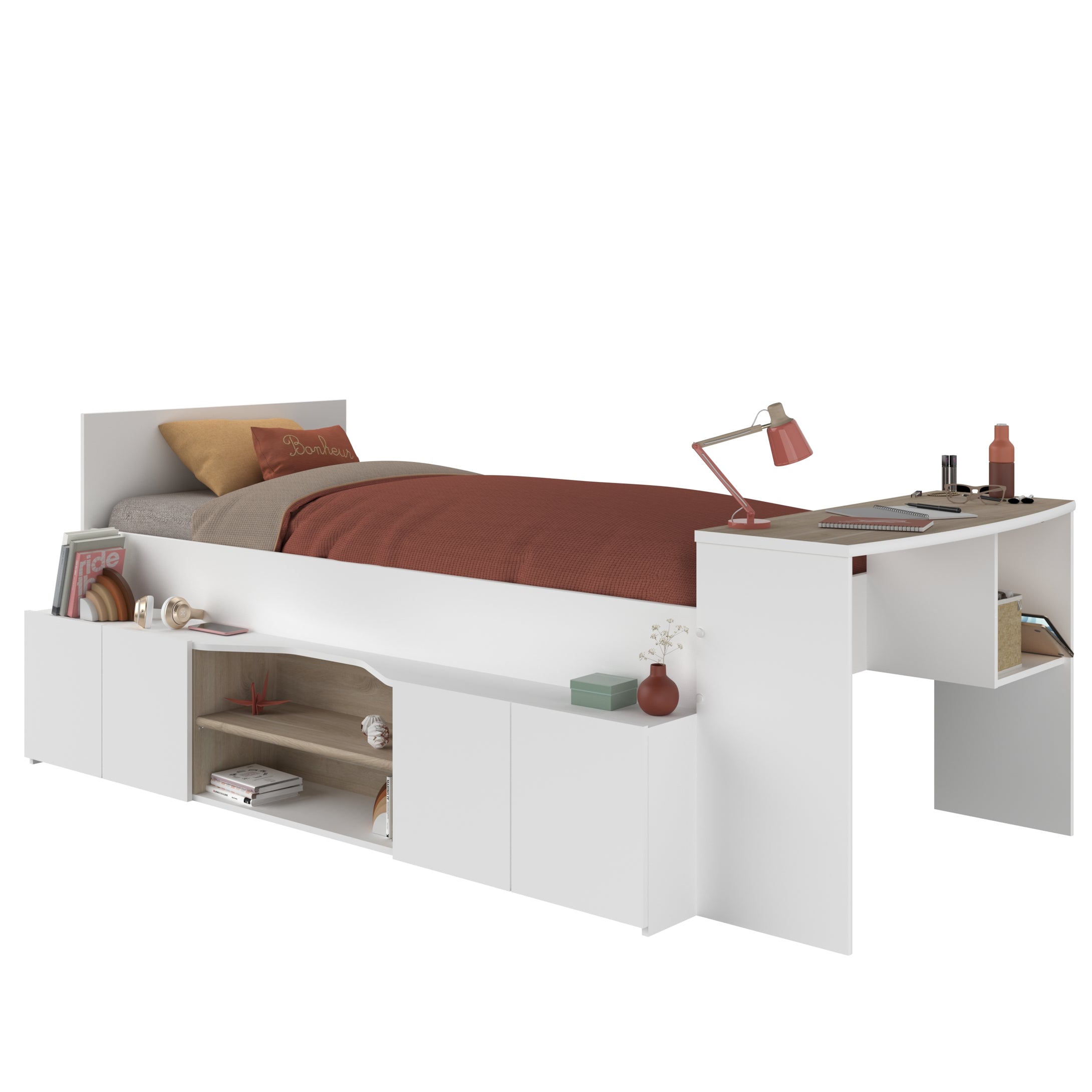 Cama CLEO 90x200cms. + escritorio + 4 puertas blanco/oak