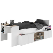 Cargar imagen en el visor de la galería, Cama CLEO 90x200cms. + escritorio + 4 puertas blanco/oak
