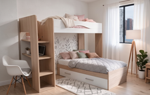 Cargar imagen en el visor de la galería, Highsleeper MAX 1 cama twin + cama ECO twin + auxiliar oak/blanco.

