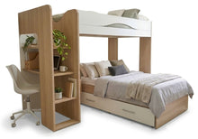 Cargar imagen en el visor de la galería, Highsleeper MAX 1 cama twin + cama ECO twin + auxiliar oak/blanco.
