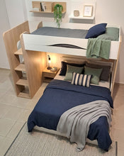 Cargar imagen en el visor de la galería, Highsleeper MAX 1 cama twin + cama BRIDGE full 2 cajones oak/blanco.

