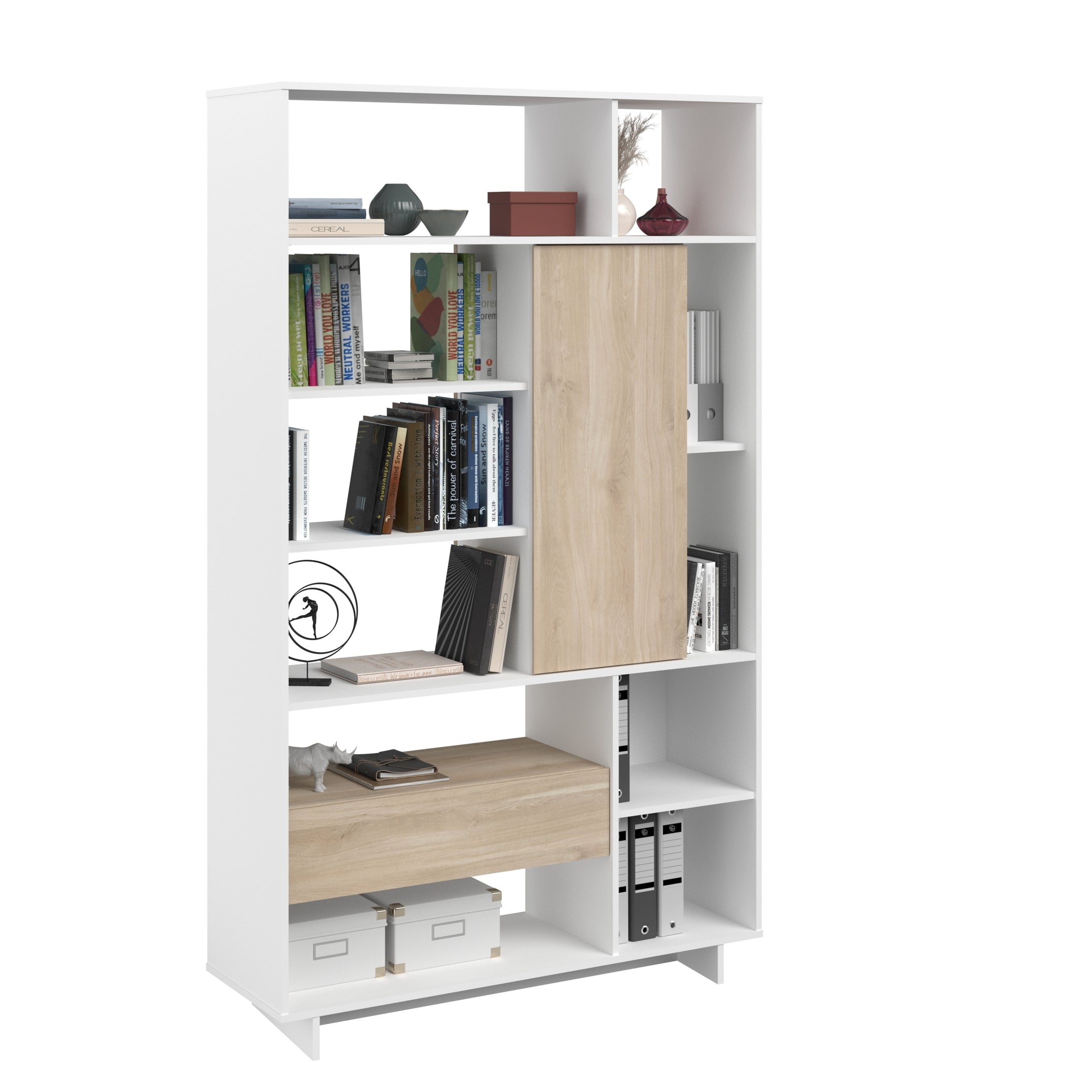 Librero MAELLE 118x40x198cms. oak/blanco